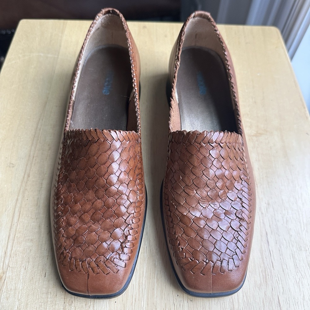 Nicole Slip-on Shoes Women's Size 7.5 Brown Leather Woven‎ Square Toe Brazil